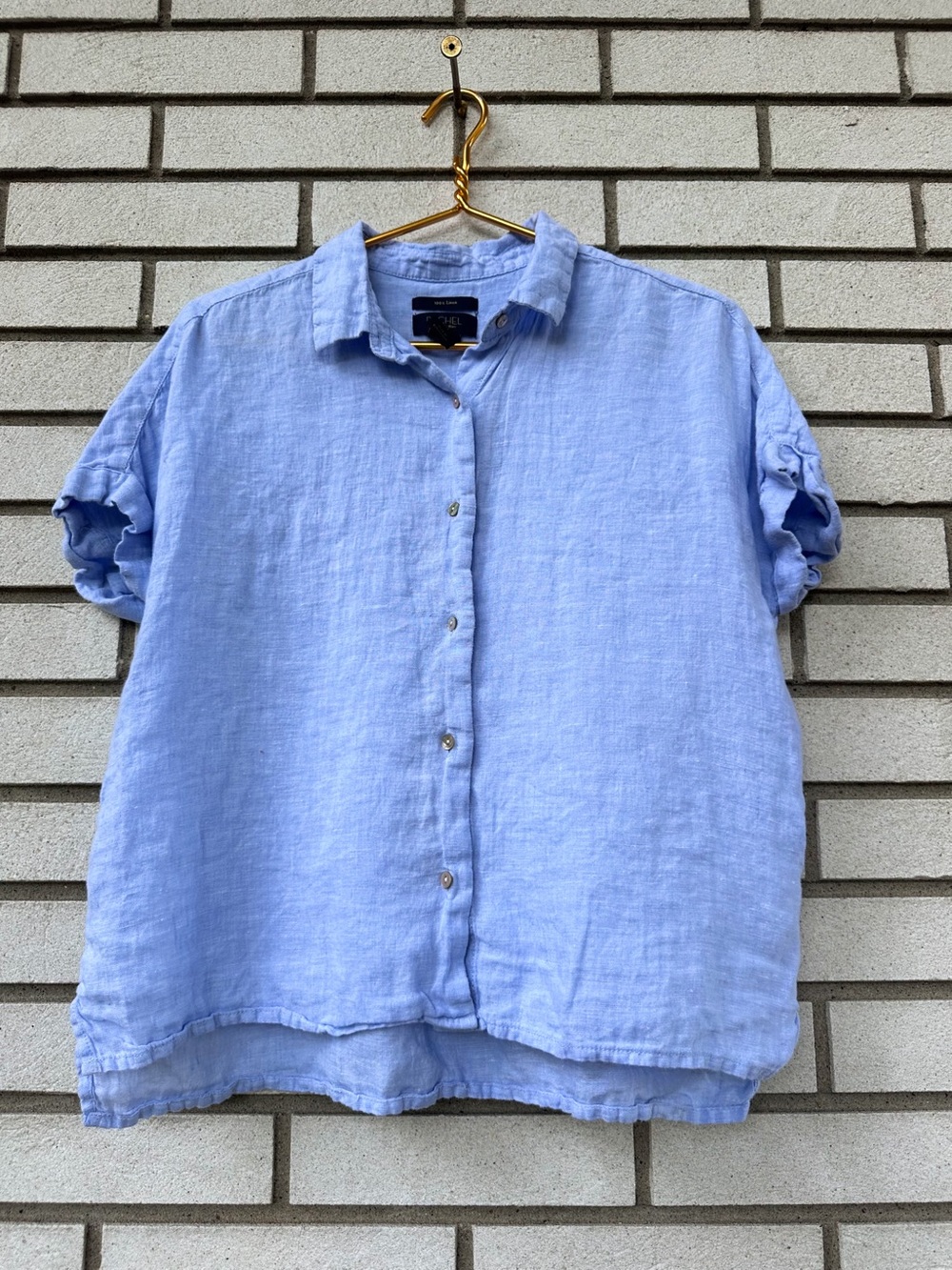 Rachel Roy 100% Linen Blue Button Front Short Sleeve Relaxed Shirt Blouse M